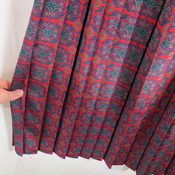 Leslie Fay Midi Dress Women's 8 Petite Red Blue Long Sleeve Collared Pleated - Picture 6 of 10